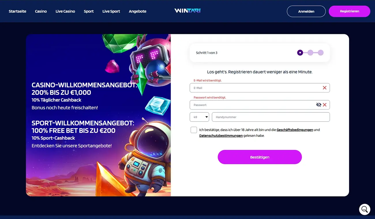 Casino Wintari Registrierung und Anmeldung